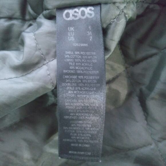 Asos Army Green Utility Jacket Quilted Liner Sherpa lined Hood Size 2 - Picture 10 of 13